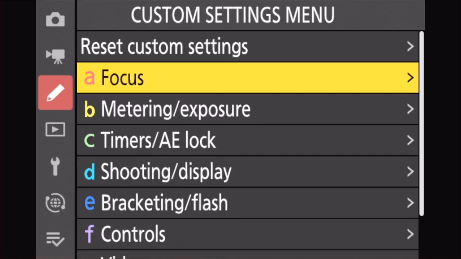 Nikon Z50 II CUSTOM SETTINGS MENU with a Focus highlighted
