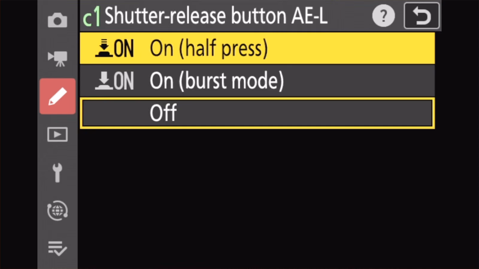 Nikon Z50 II c1 Shutter-release button AE-L options: On (half press), On (burst mode), Off