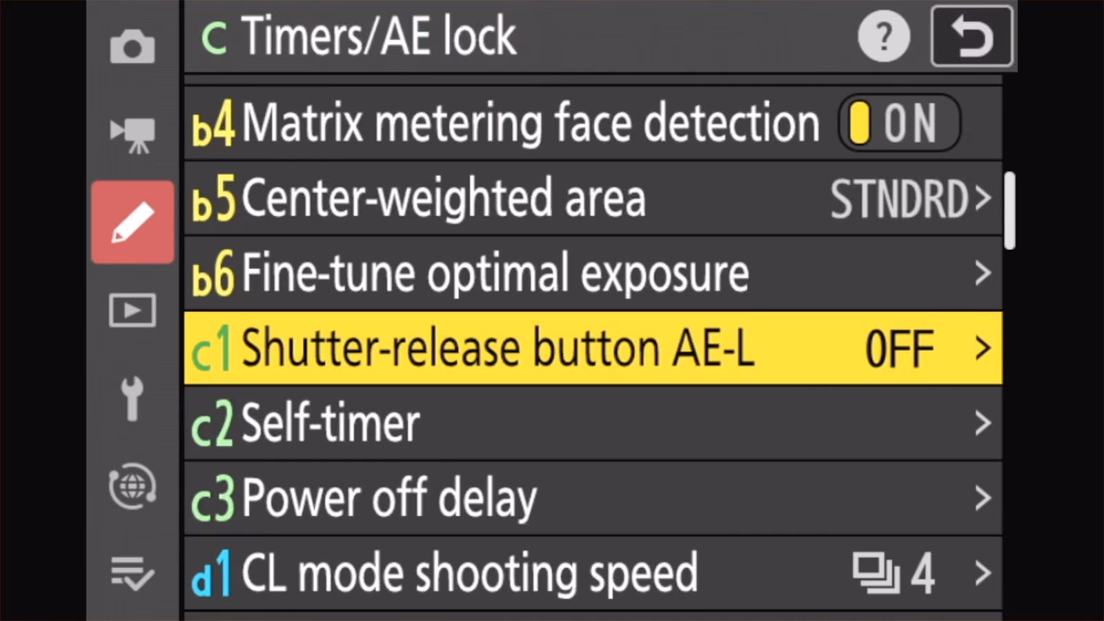 Nikon Z50 II c Timers/AE lock menu with c1 Shutter-release button AE-L set to OFF