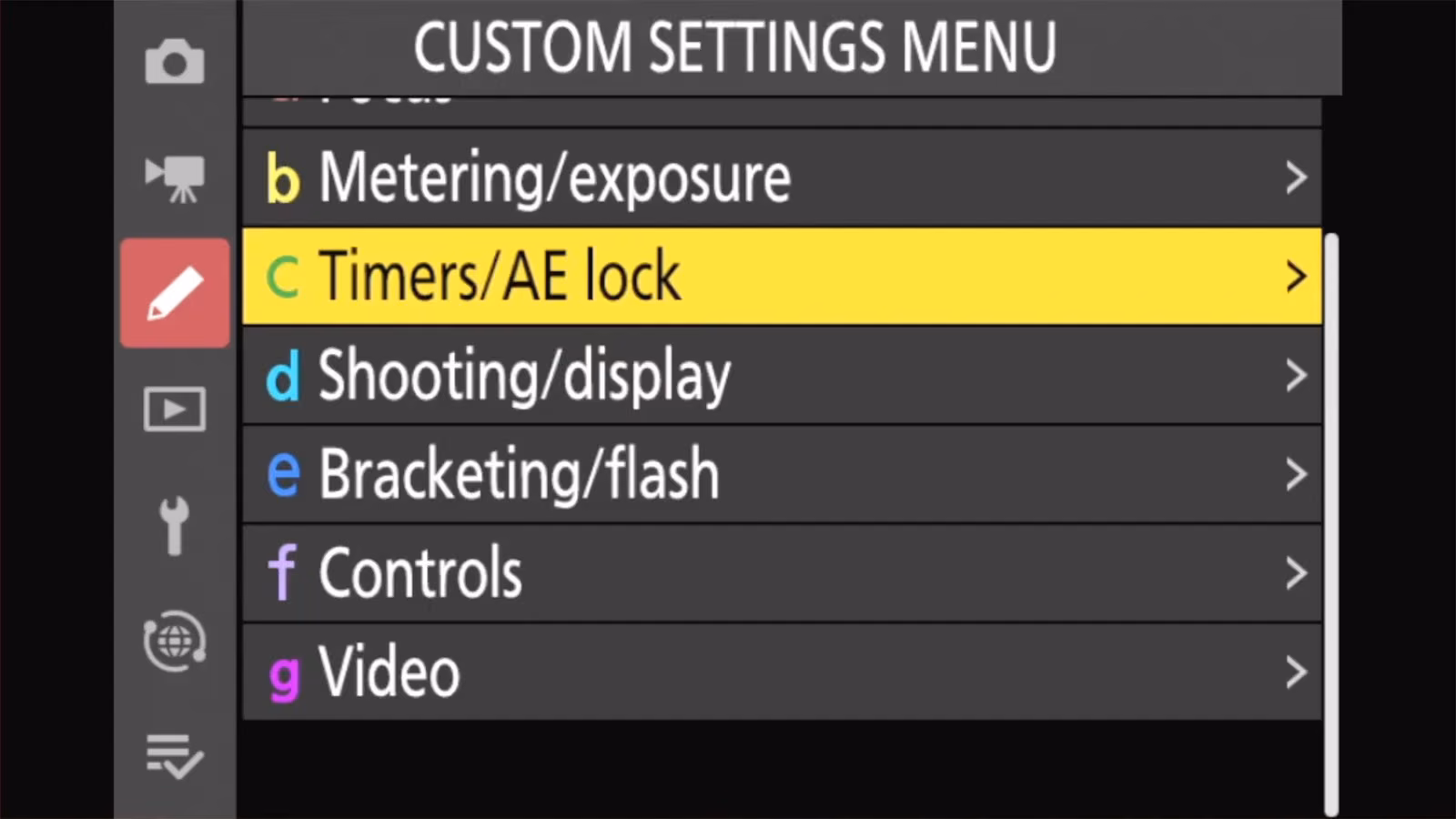 Nikon Z50 II CUSTOM SETTINGS MENU with c Timers/AE lock highlighted
