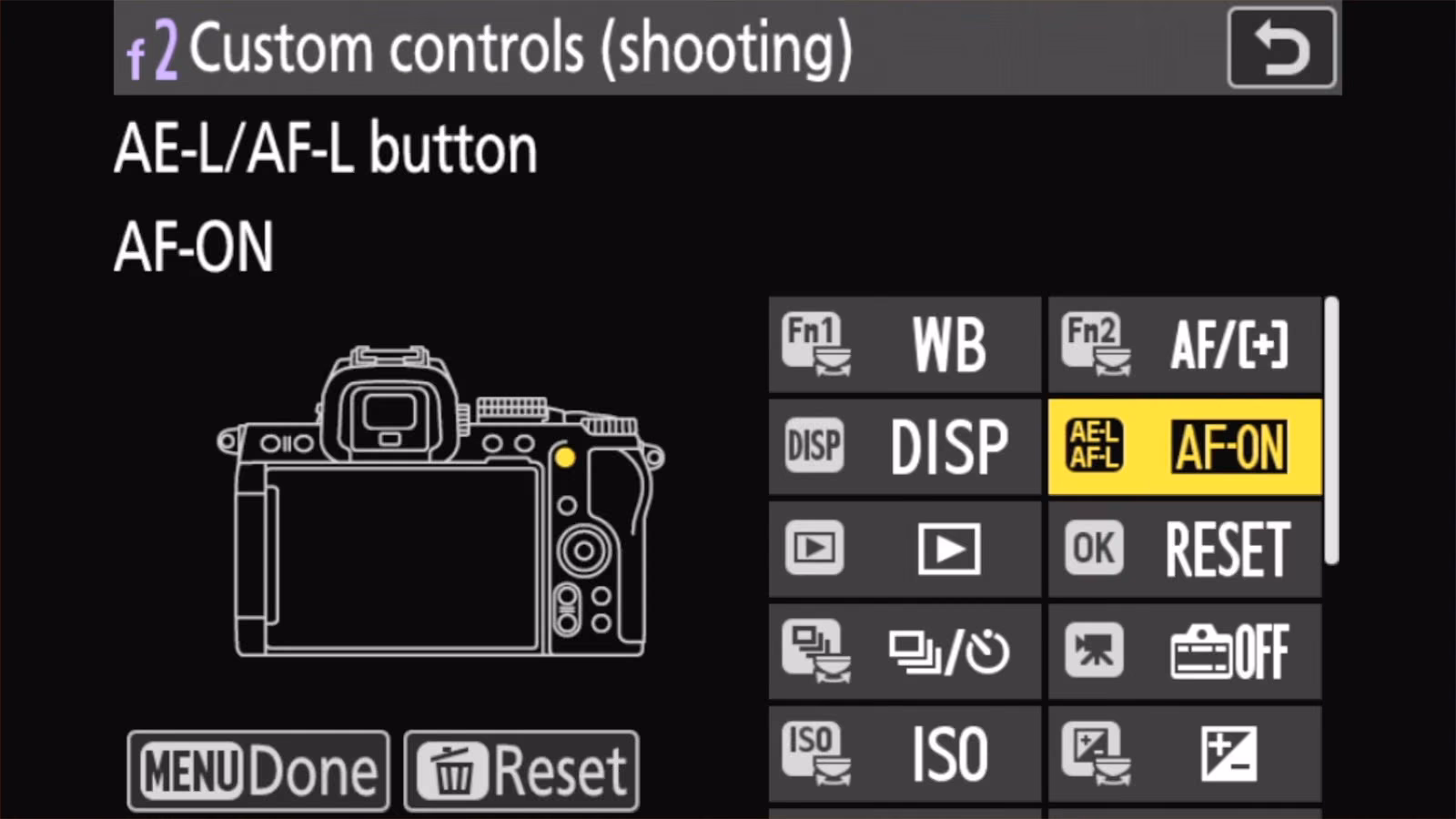 Nikon Z50 II f2 Custom controls (shooting) with the AE-L/AF-L button now set to AF-ON