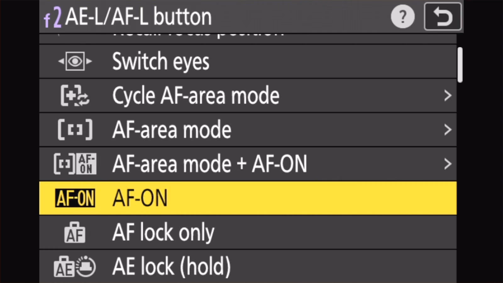 Nikon Z50 II f2 AE-L/AF-L button role list with AF-ON highlighted