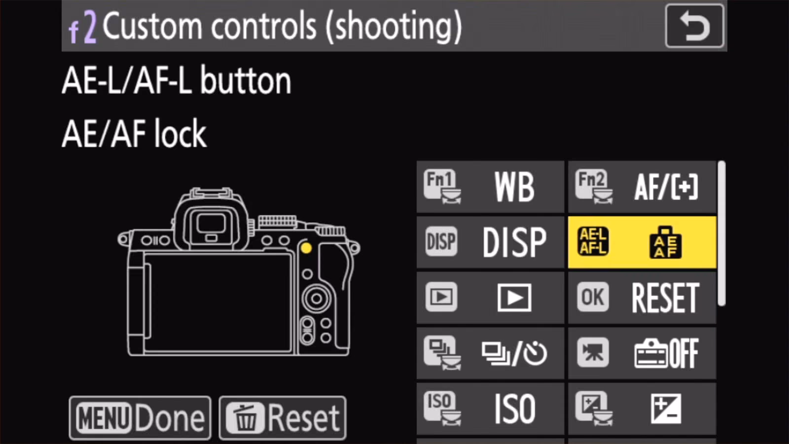 Nikon Z50 II f2 Custom controls (shooting) with the AE-L/AF-L button set to AE/AF lock