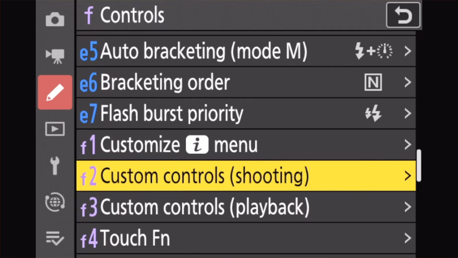 Nikon Z50 II f Controls menu with f2 Custom controls (shooting) highlighted