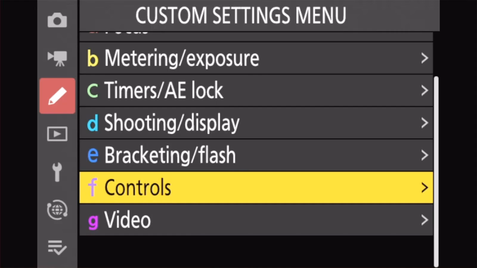 Nikon Z50 II CUSTOM SETTINGS MENU with f Controls highlighted