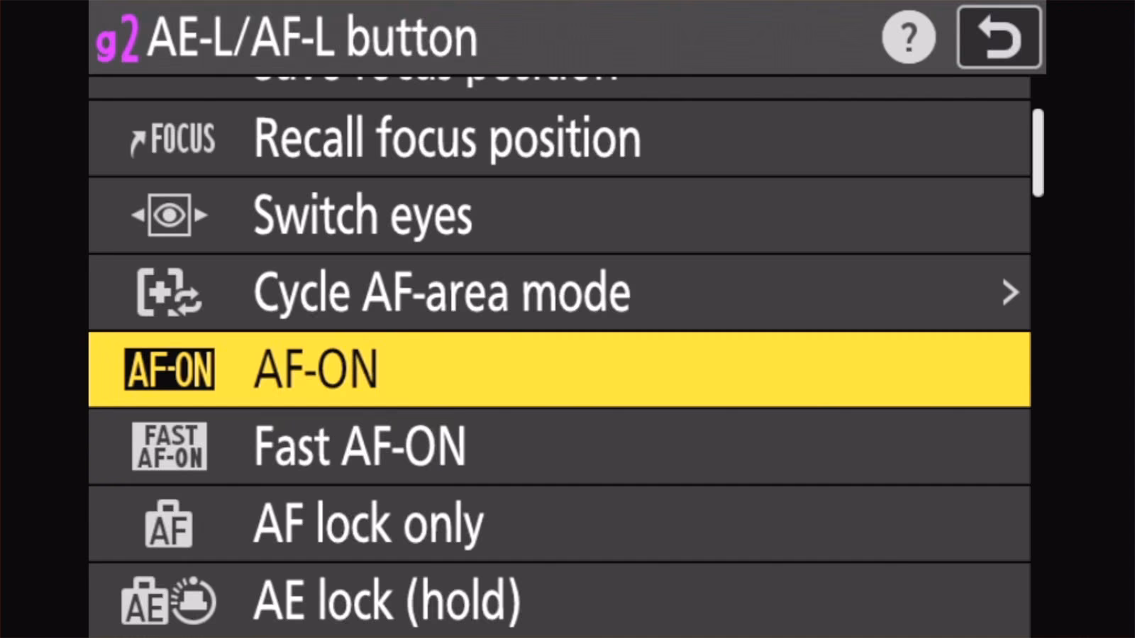 Nikon Z50 II g2 AE-L/AF-L button role list with AF-ON highlighted and Fast AF-ON below