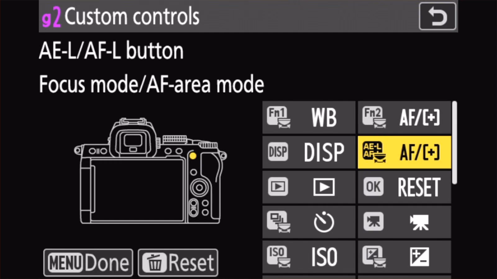 Nikon Z50 II g2 Custom controls for video, with the AE-L/AF-L button set to Focus mode/AF-area mode