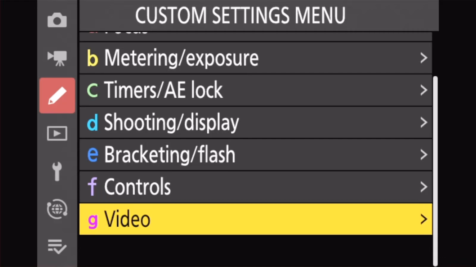 Nikon Z50 II CUSTOM SETTINGS MENU with g Video highlighted