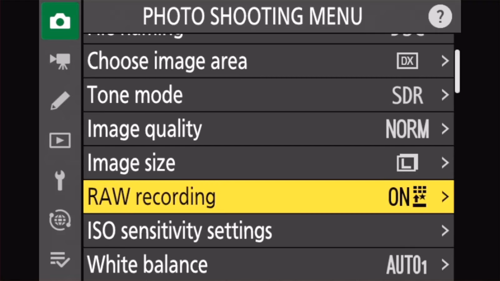 Nikon Z50 II PHOTO SHOOTING MENU with RAW recording highlighted
