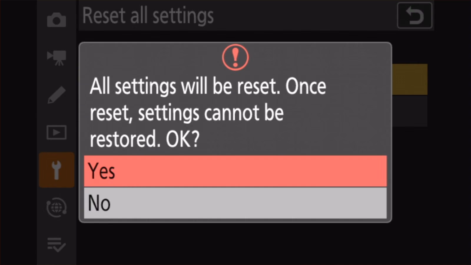Nikon Z50 II confirmation: All settings will be reset. Once reset, settings cannot be restored. OK?