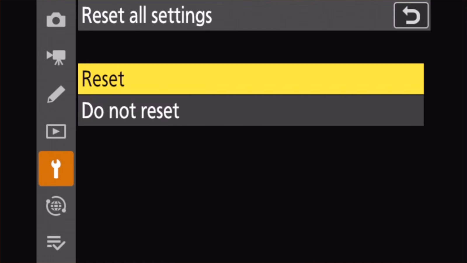 Nikon Z50 II Reset all settings screen with Reset and Do not reset options