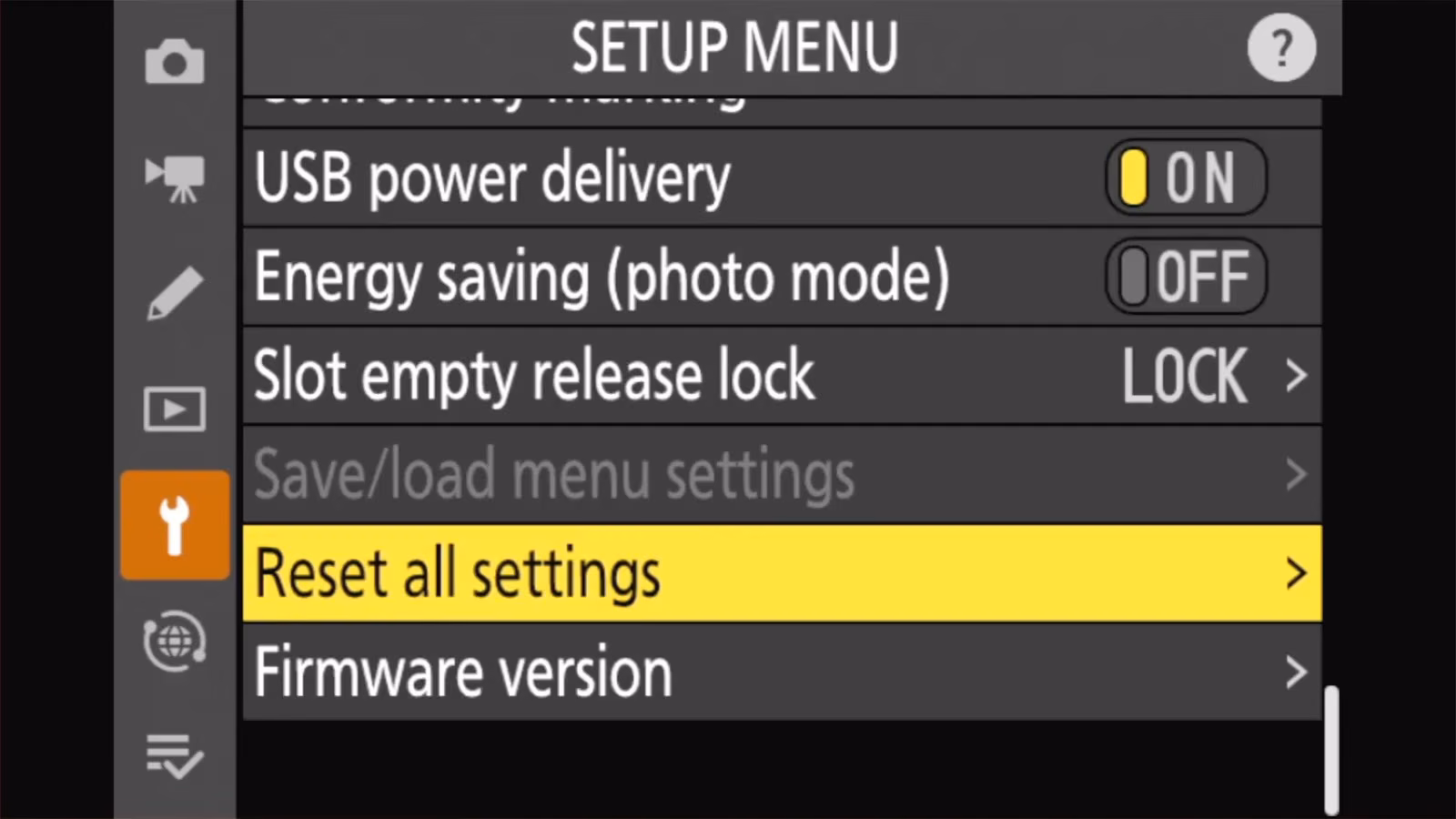Nikon Z50 II SETUP MENU with Reset all settings highlighted