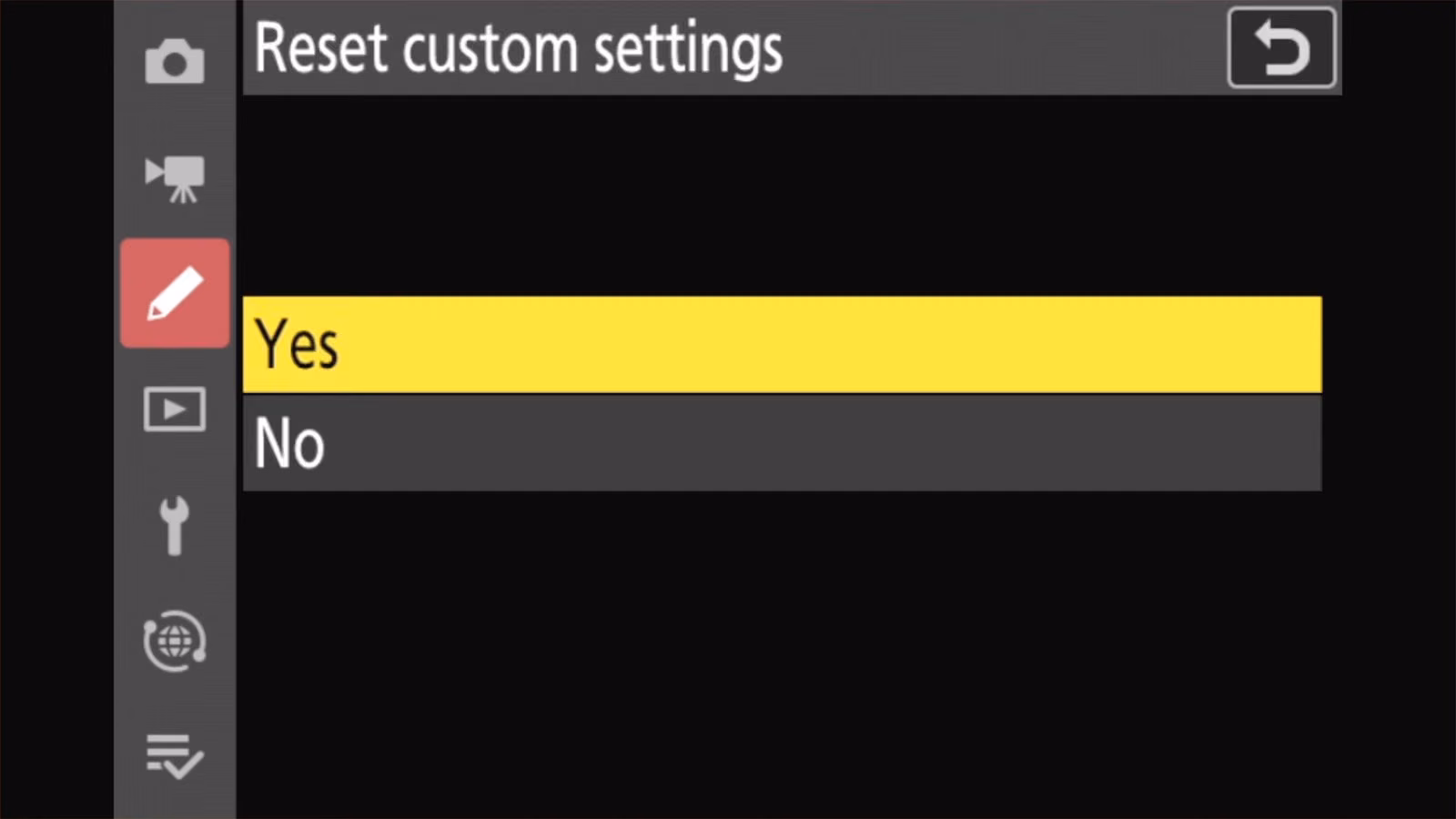 Nikon Z50 II Reset custom settings confirmation with Yes and No