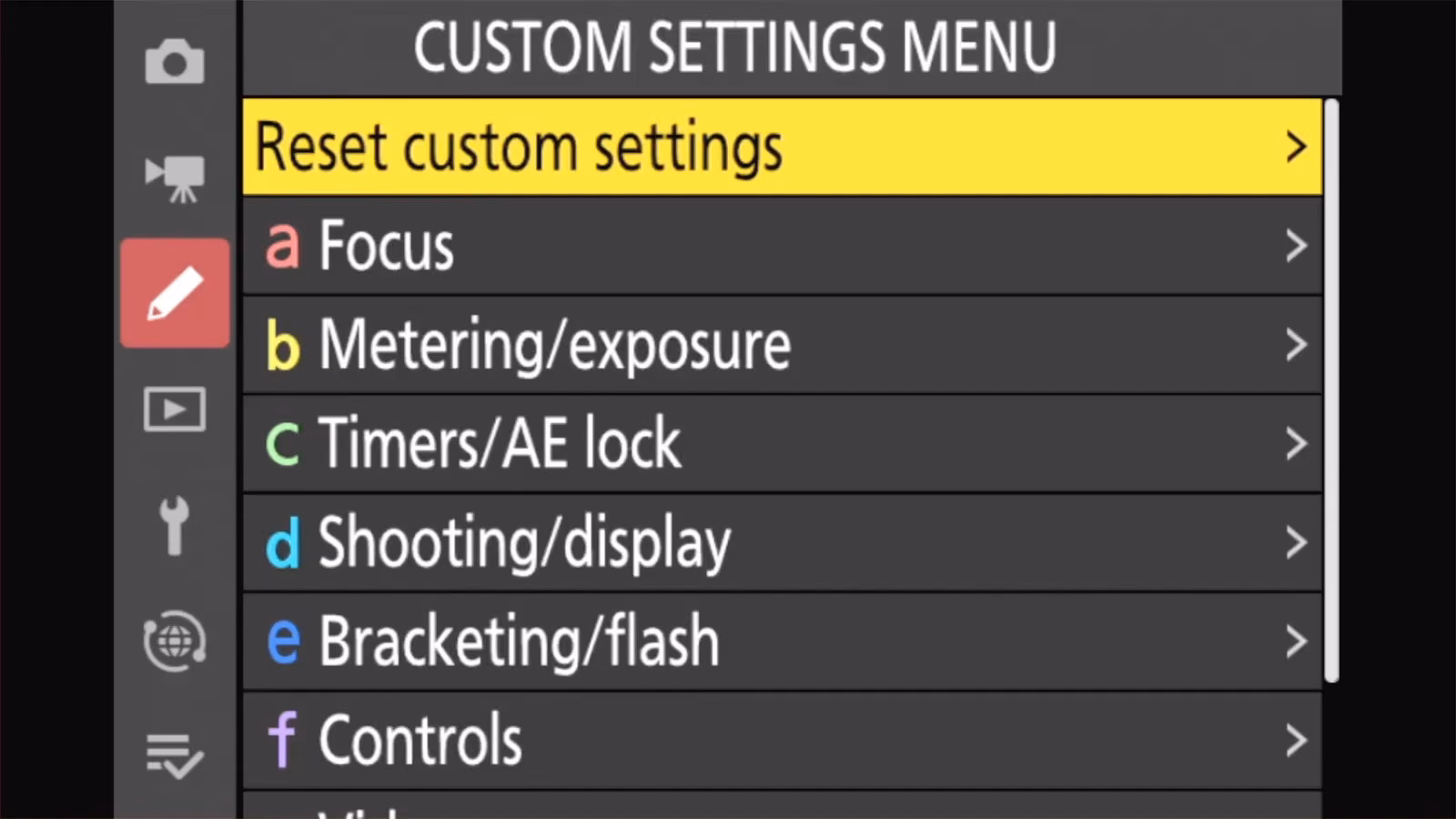 Nikon Z50 II CUSTOM SETTINGS MENU with Reset custom settings highlighted