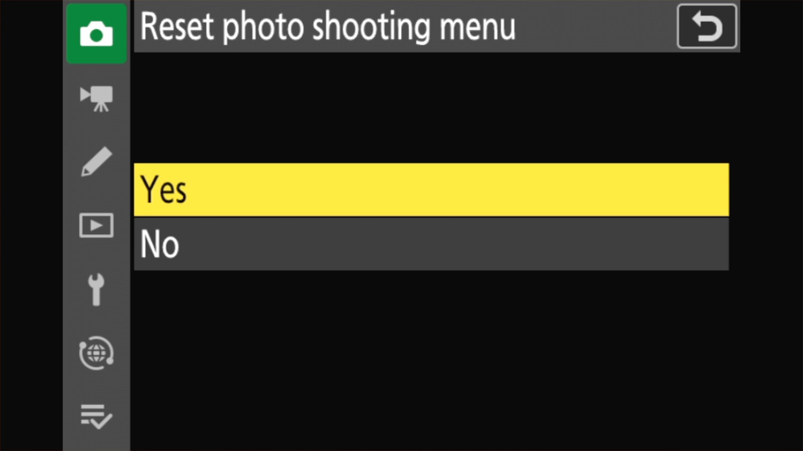 Nikon Z50 II camera screen showing the Reset photo shooting menu prompt with Yes highlighted in yellow above No