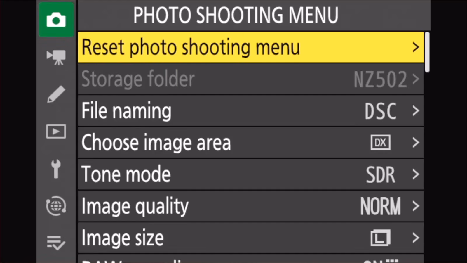 Nikon Z50 II PHOTO SHOOTING MENU with Reset photo shooting menu highlighted