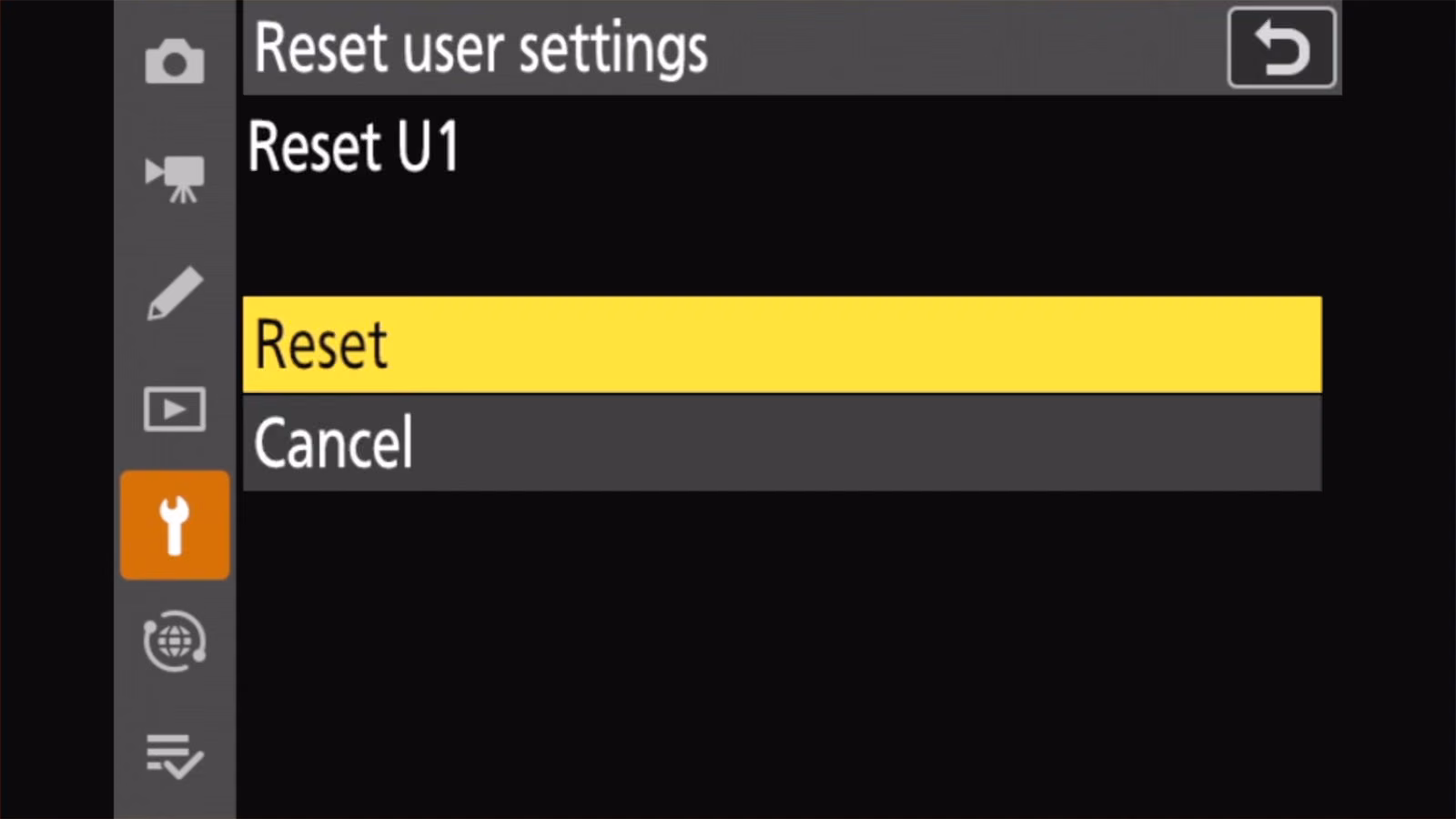Nikon Z50 II Reset U1 screen with Reset and Cancel options