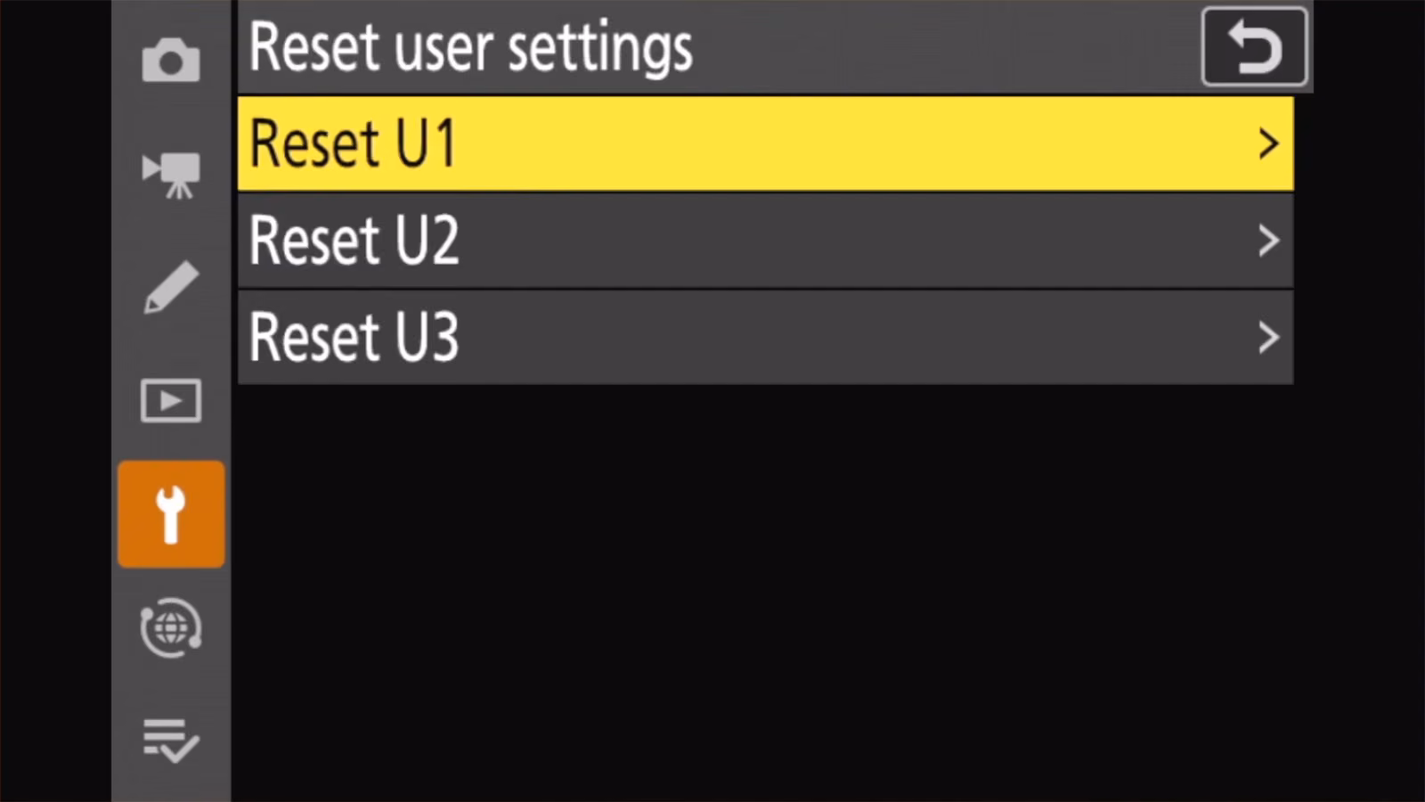 Nikon Z50 II Reset user settings options: Reset U1, Reset U2, Reset U3