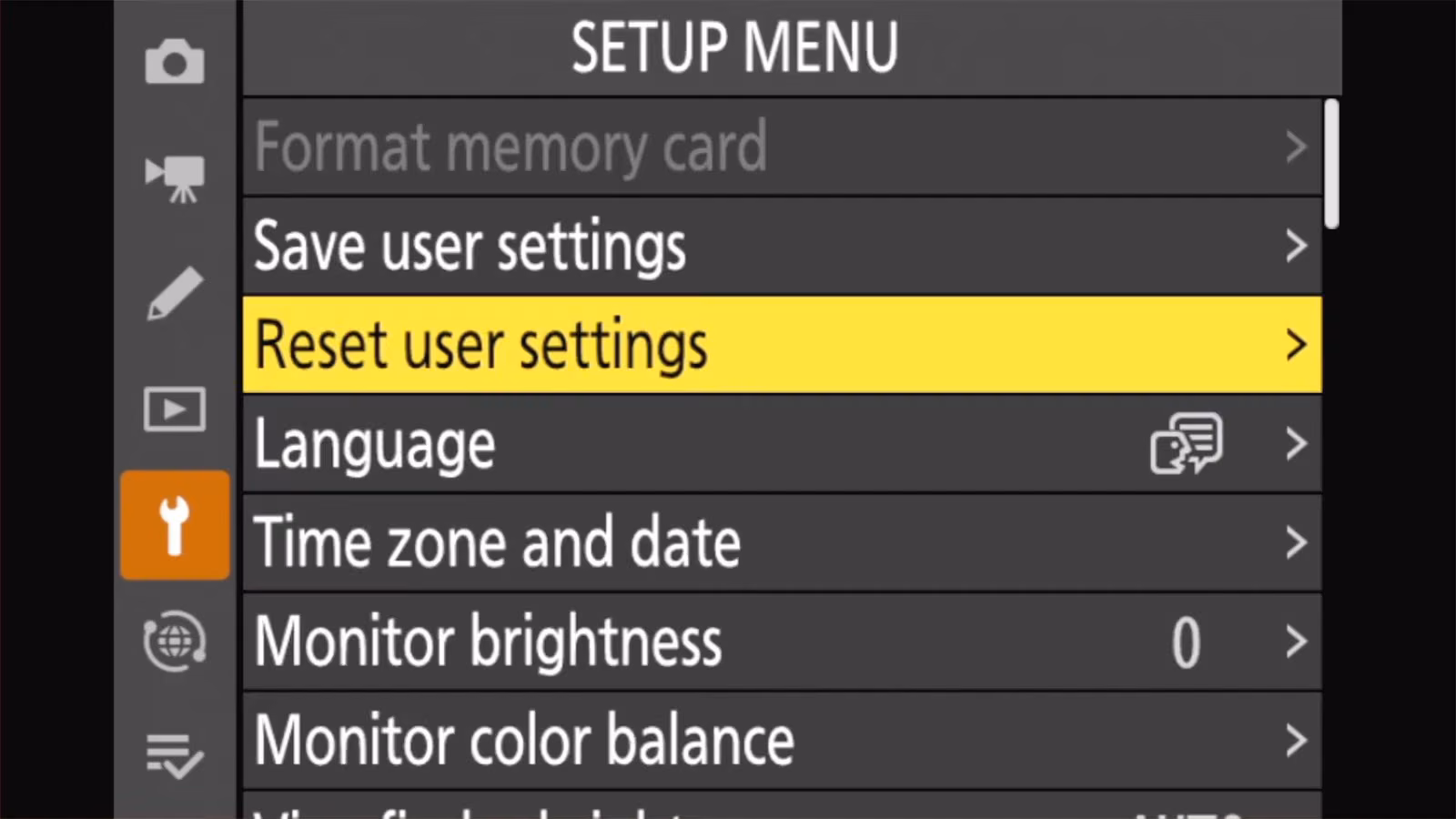 Nikon Z50 II SETUP MENU with Reset user settings highlighted, below Save user settings