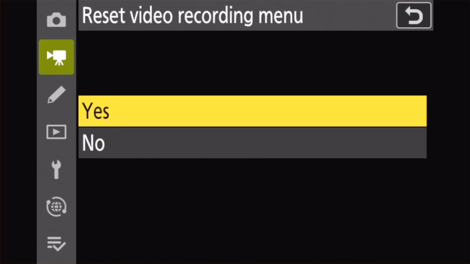 Nikon Z50 II Reset video recording menu confirmation with Yes and No
