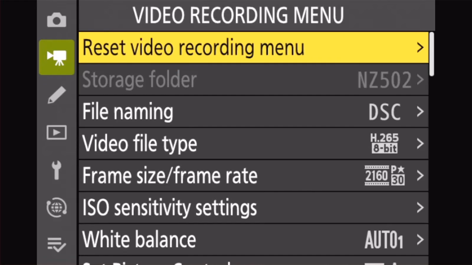 Nikon Z50 II VIDEO RECORDING MENU with Reset video recording menu highlighted