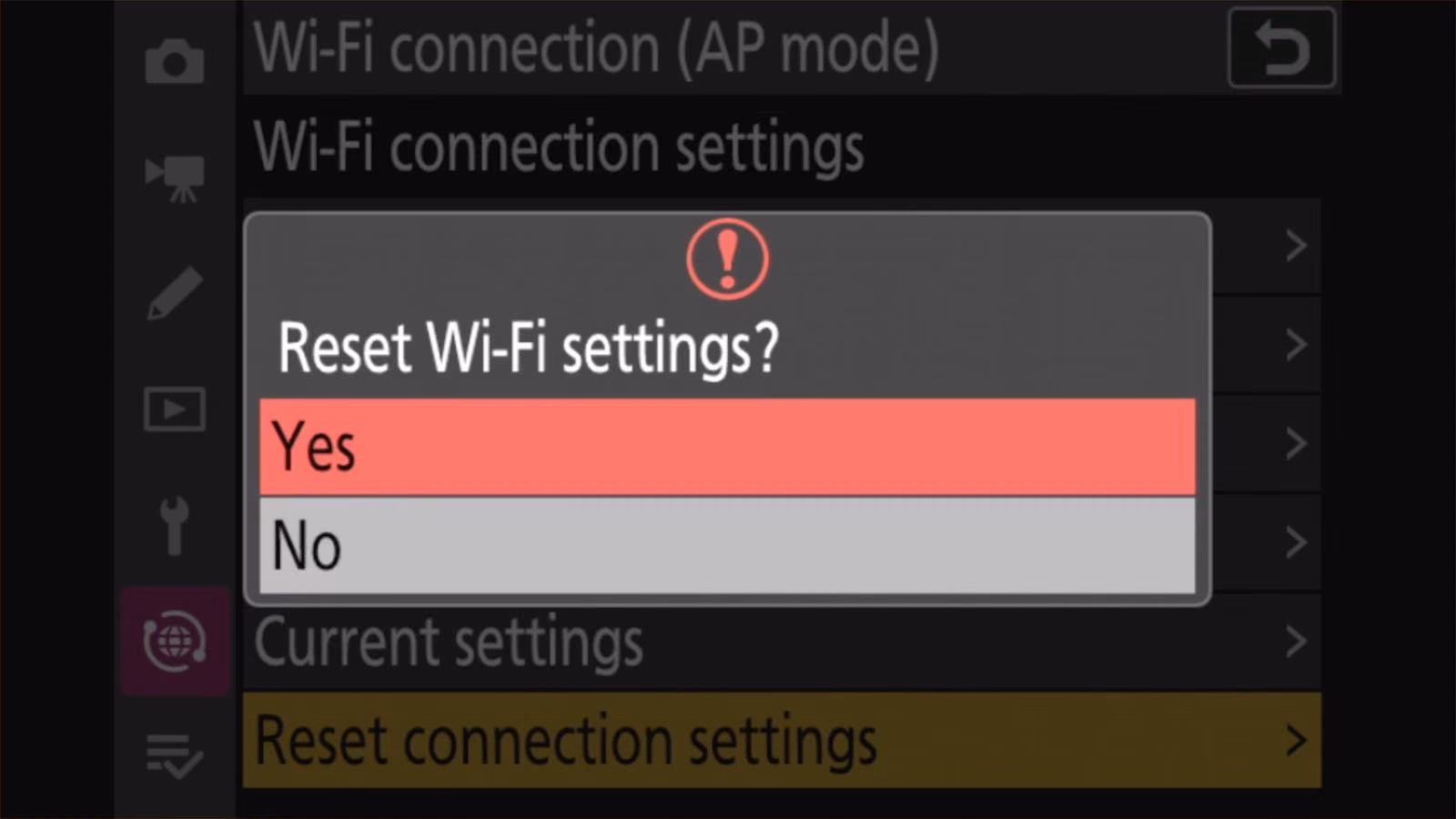 Nikon Z50 II confirmation: Reset Wi-Fi settings? Yes or No