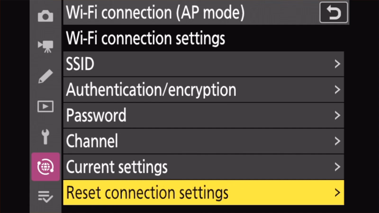 Nikon Z50 II Wi-Fi connection settings with Reset connection settings highlighted
