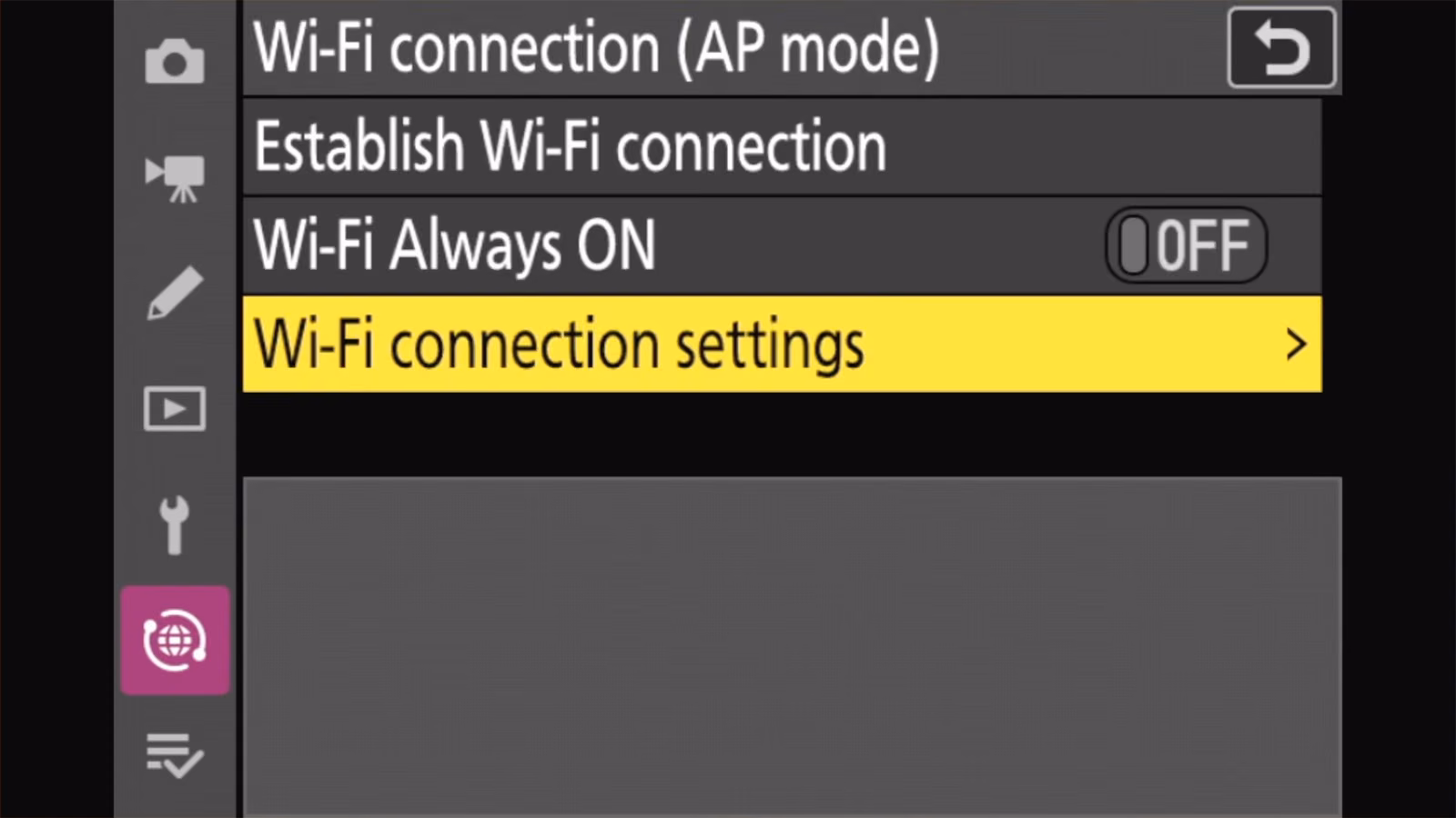Nikon Z50 II Wi-Fi connection (AP mode) menu with Wi-Fi connection settings highlighted