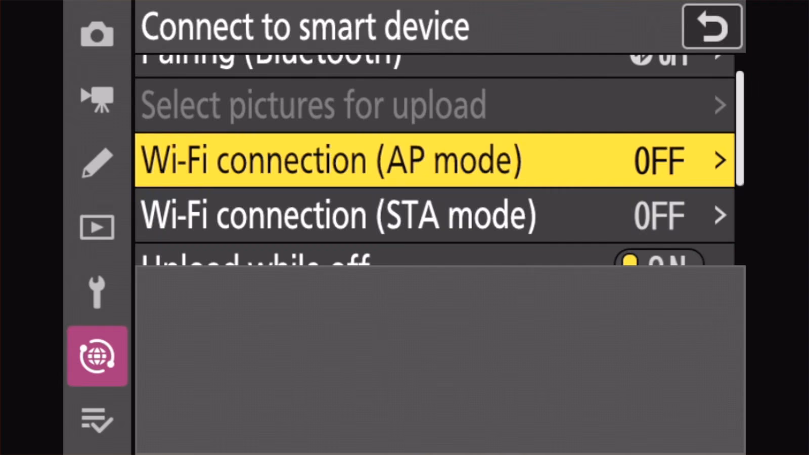 Nikon Z50 II Connect to smart device menu with Wi-Fi connection (AP mode) highlighted