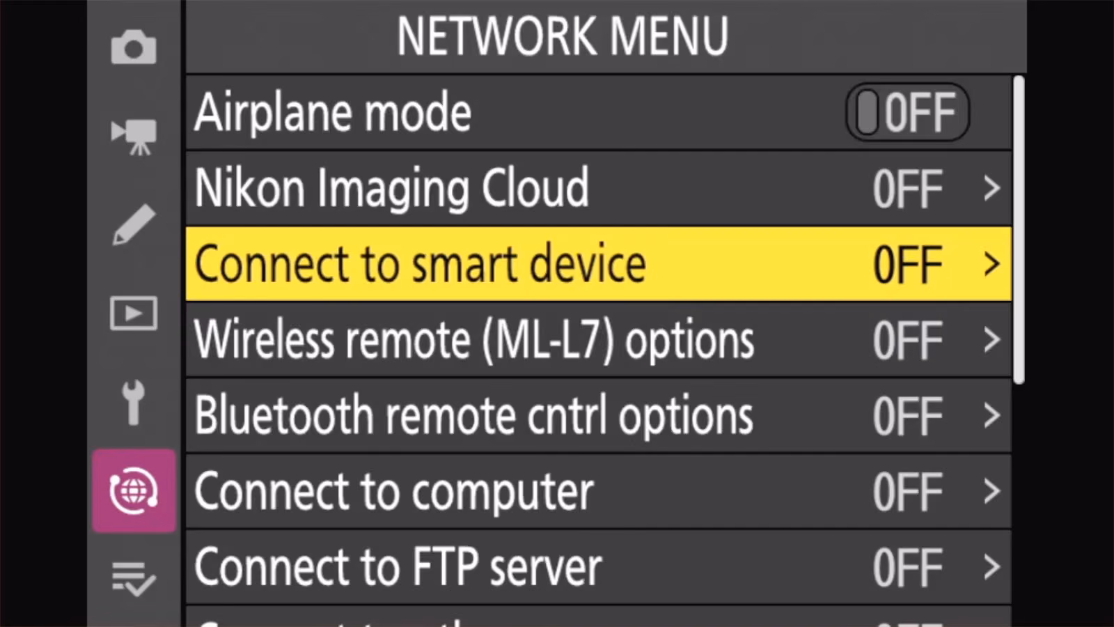 Nikon Z50 II NETWORK MENU with Connect to smart device highlighted