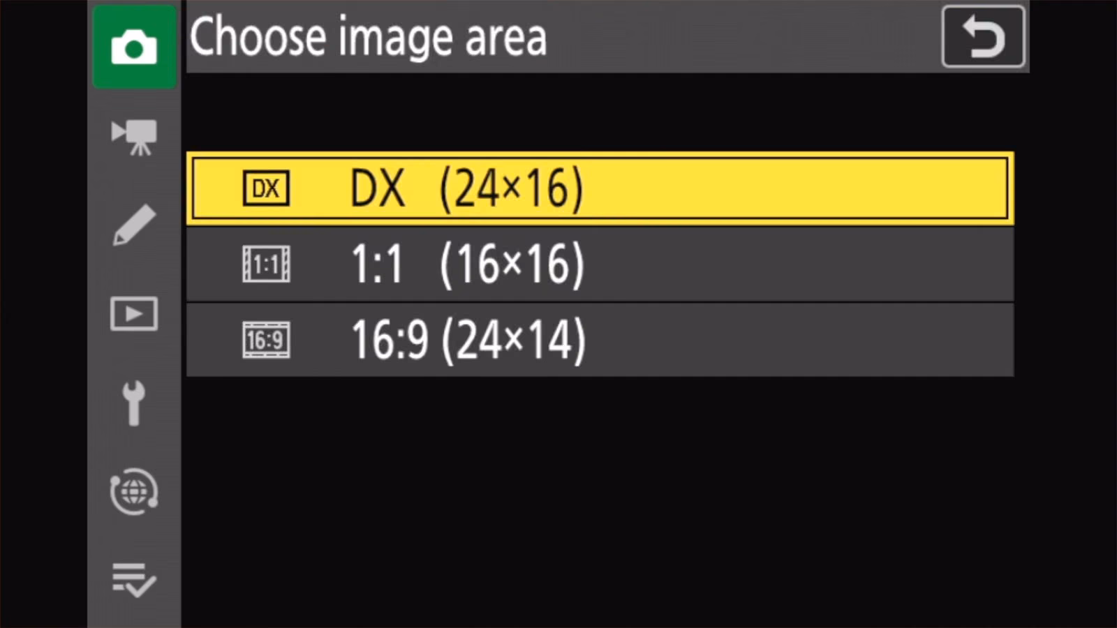 Nikon Z50 II Choose image area options: DX 24x16, 1:1 16x16, 16:9 24x14