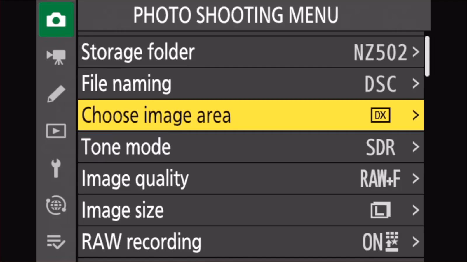 Nikon Z50 II PHOTO SHOOTING MENU with Choose image area set to DX