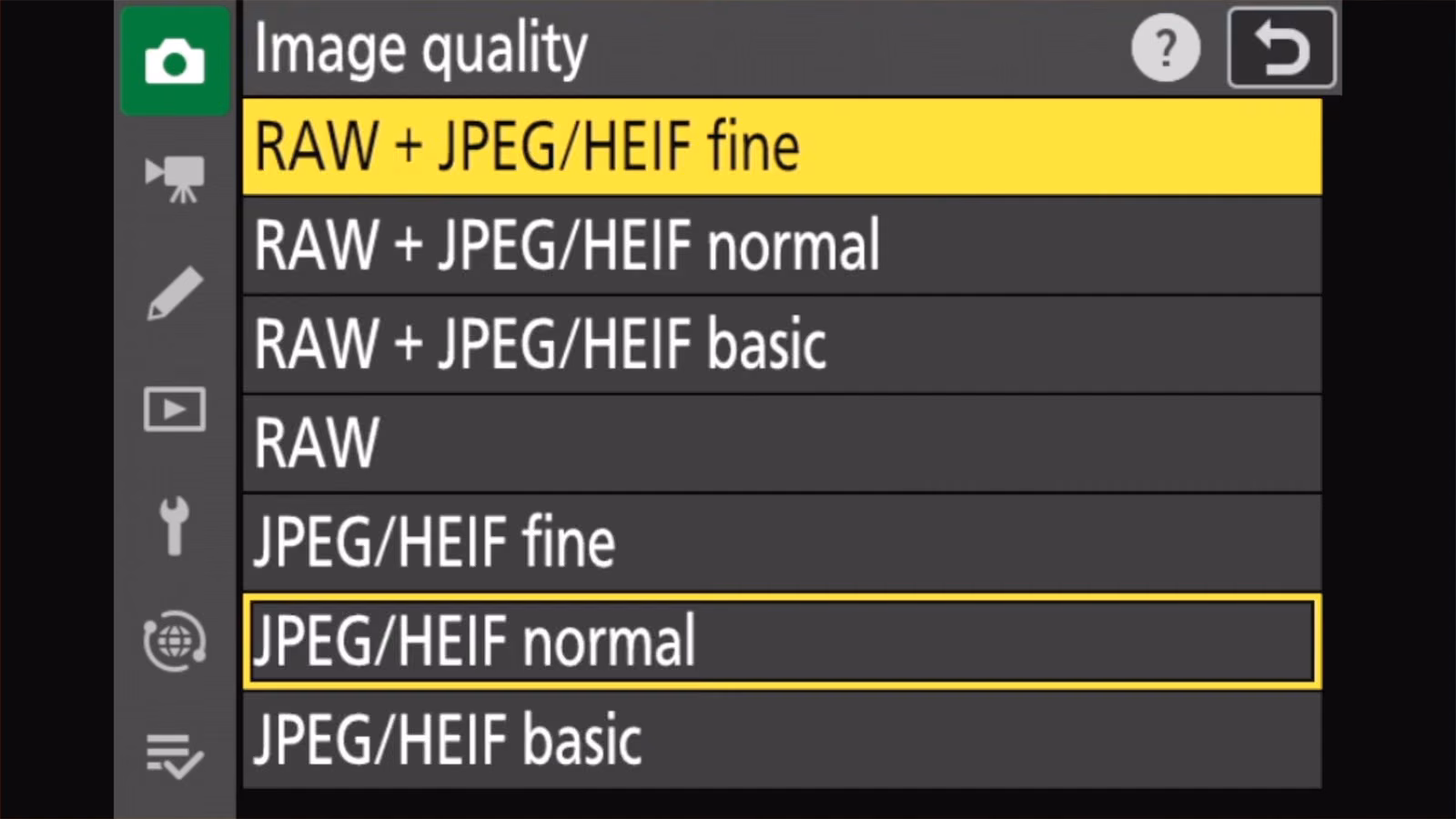 Nikon Z50 II Image quality options from RAW + JPEG/HEIF fine to JPEG/HEIF basic