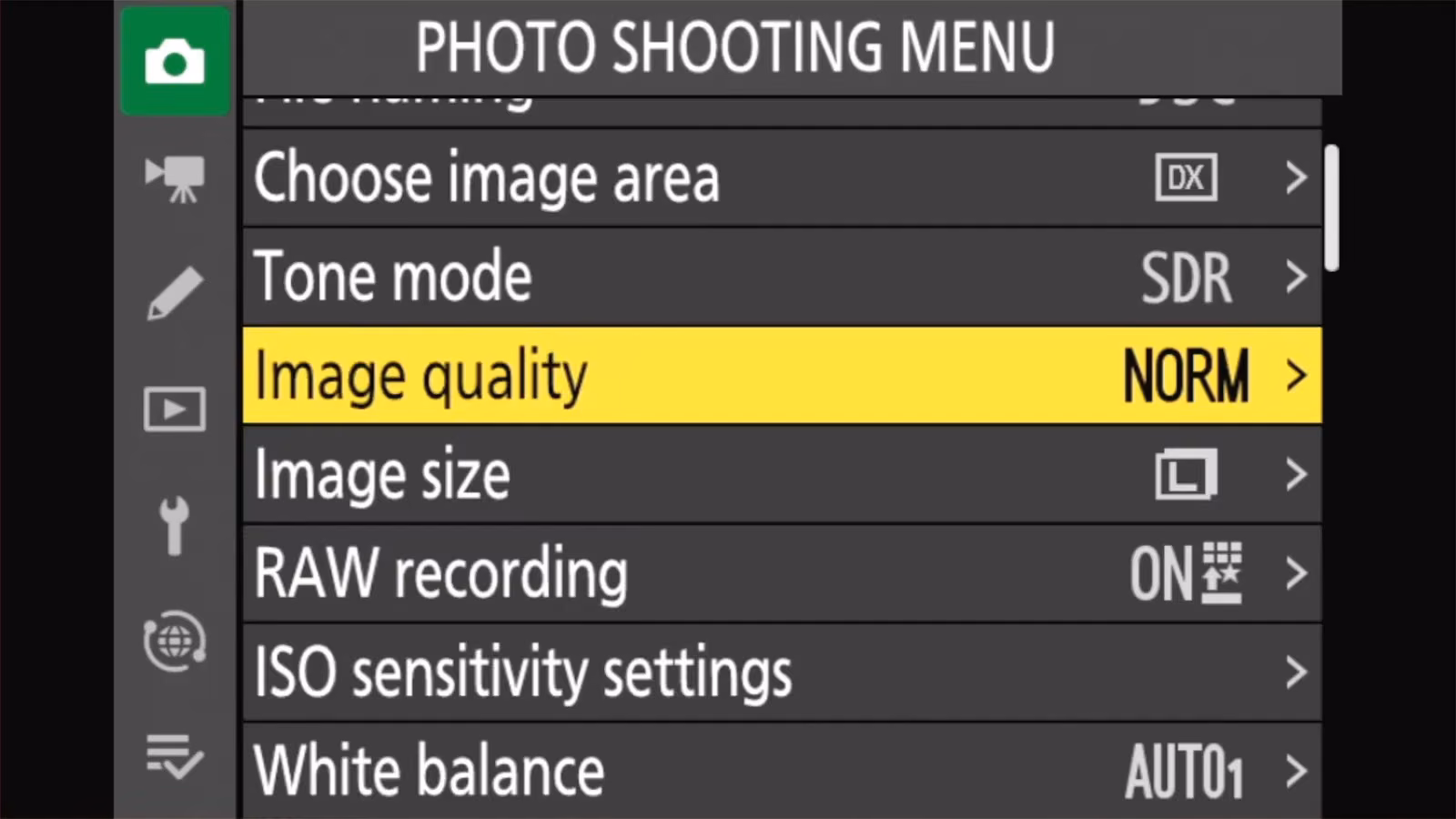 Nikon Z50 II PHOTO SHOOTING MENU with Image quality set to NORM