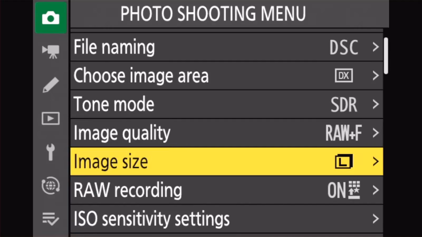 Nikon Z50 II PHOTO SHOOTING MENU with Image size highlighted