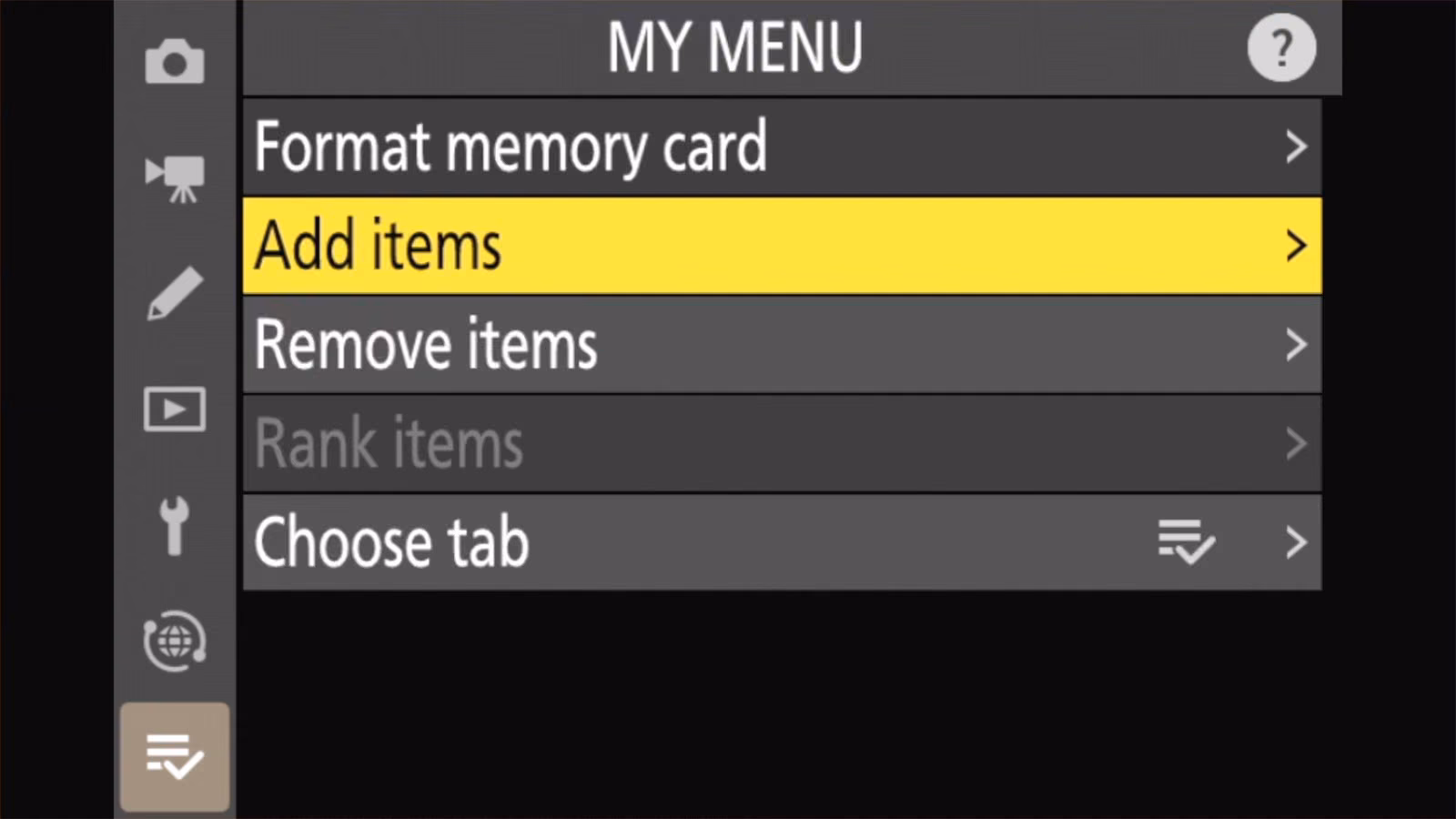 Nikon Z50 II MY MENU with Format memory card added at the top