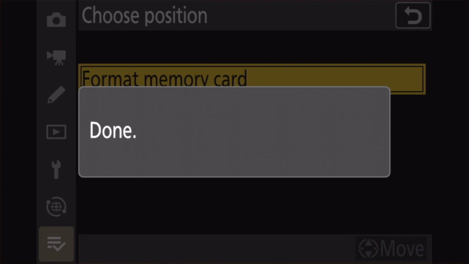Nikon Z50 II Choose position screen showing the message Done.