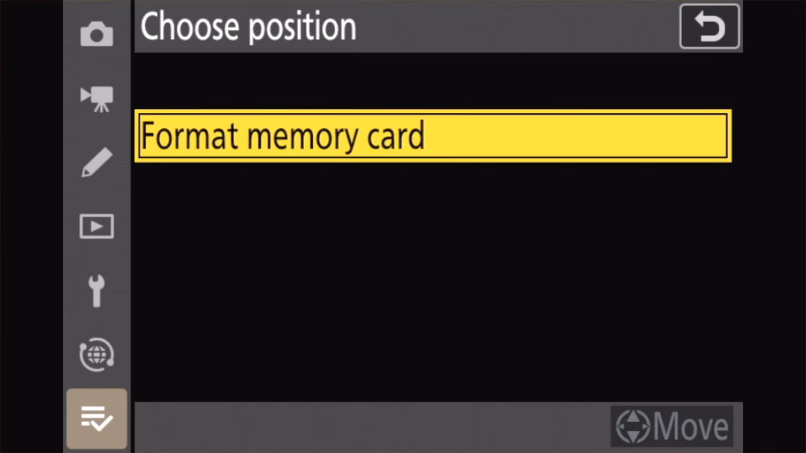 Nikon Z50 II Choose position screen with Format memory card highlighted