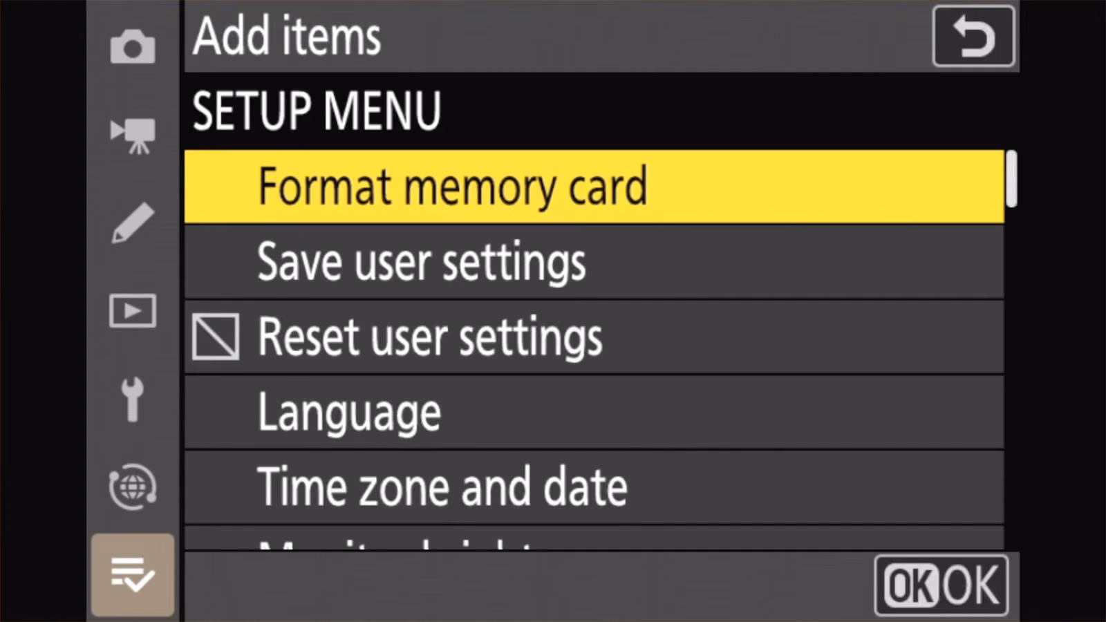 Nikon Z50 II Add items, SETUP MENU list with Format memory card highlighted