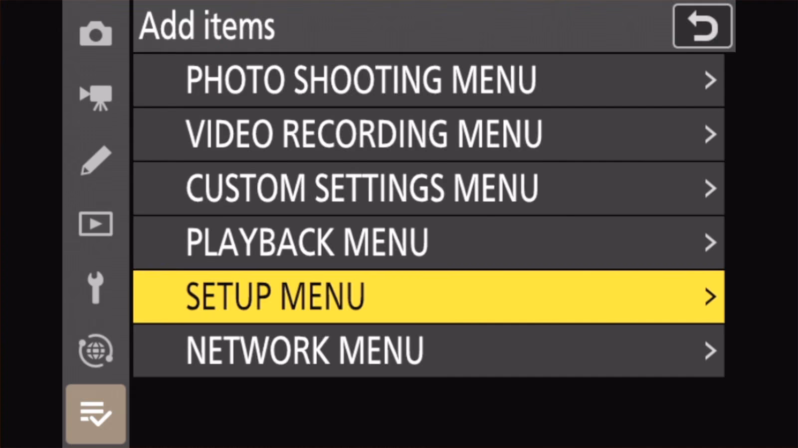 Nikon Z50 II Add items list of menus with SETUP MENU highlighted