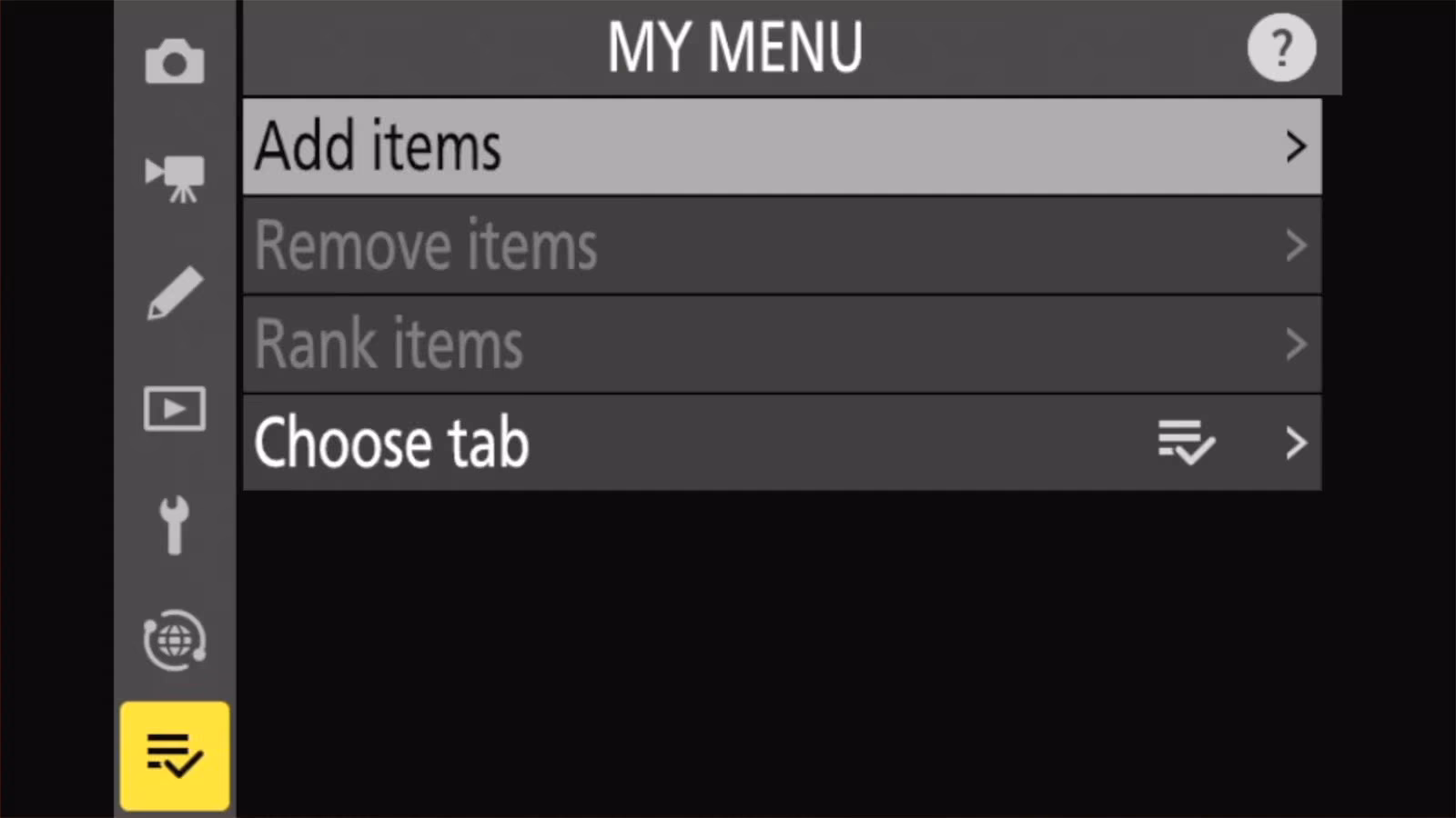 Nikon Z50 II MY MENU tab selected, with Add items, Remove items, Rank items and Choose tab