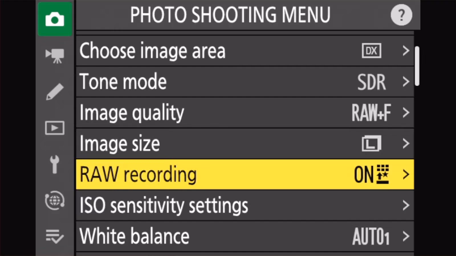 Nikon Z50 II PHOTO SHOOTING MENU with RAW recording highlighted
