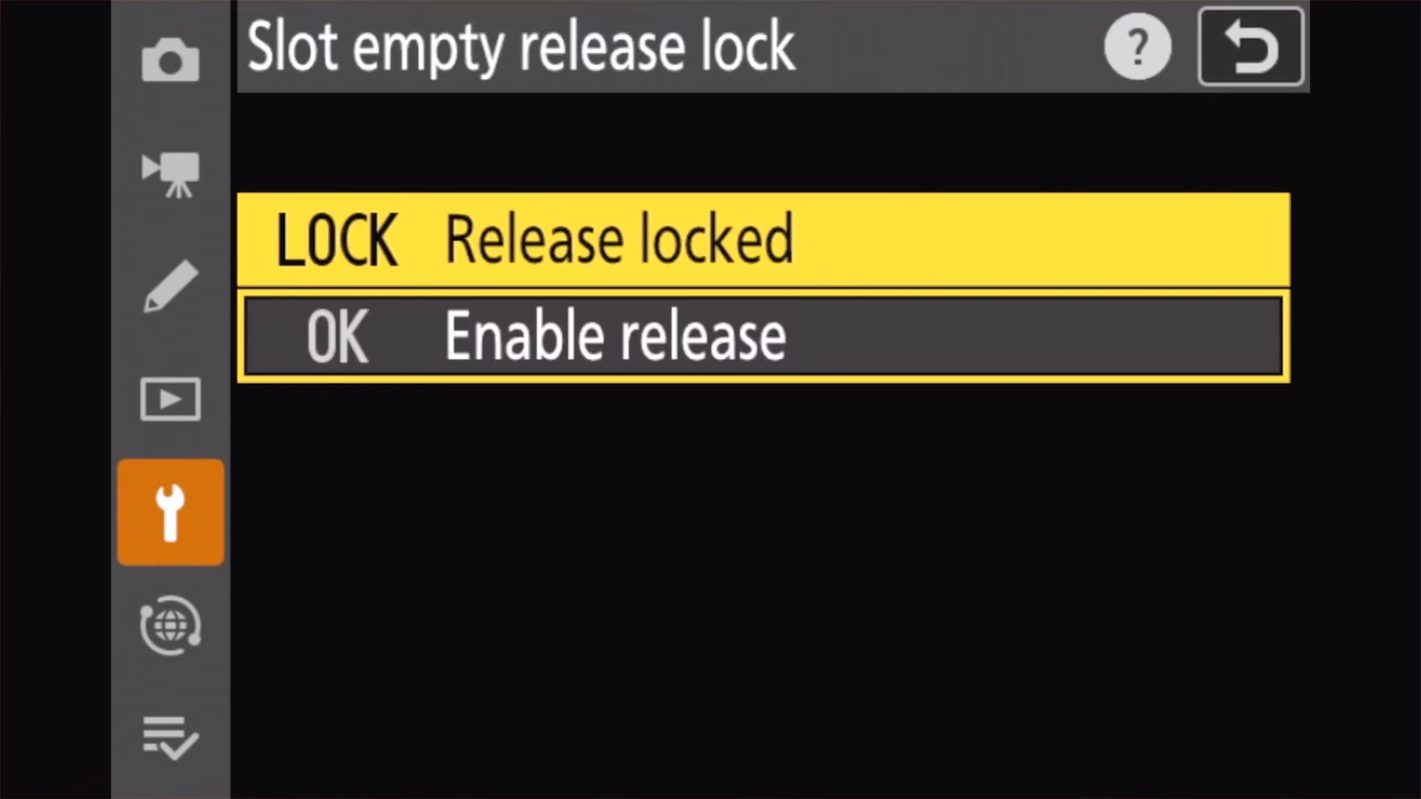 Nikon Z50 II Slot empty release lock options: Release locked and Enable release