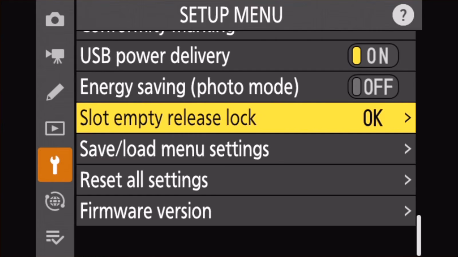 Nikon Z50 II SETUP MENU with Slot empty release lock highlighted, currently set to OK