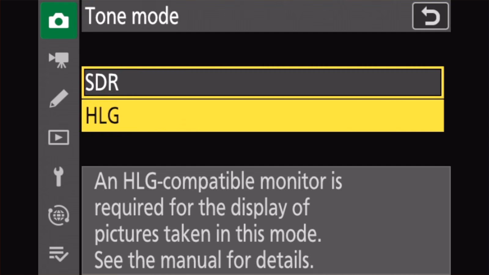 Nikon Z50 II Tone mode with HLG highlighted and a warning that an HLG-compatible monitor is required