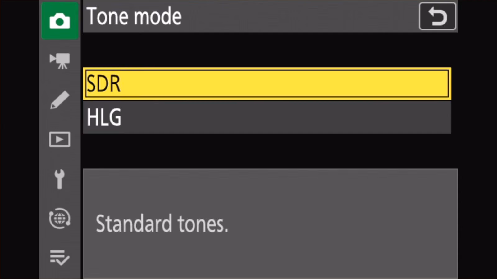 Nikon Z50 II Tone mode options with SDR selected