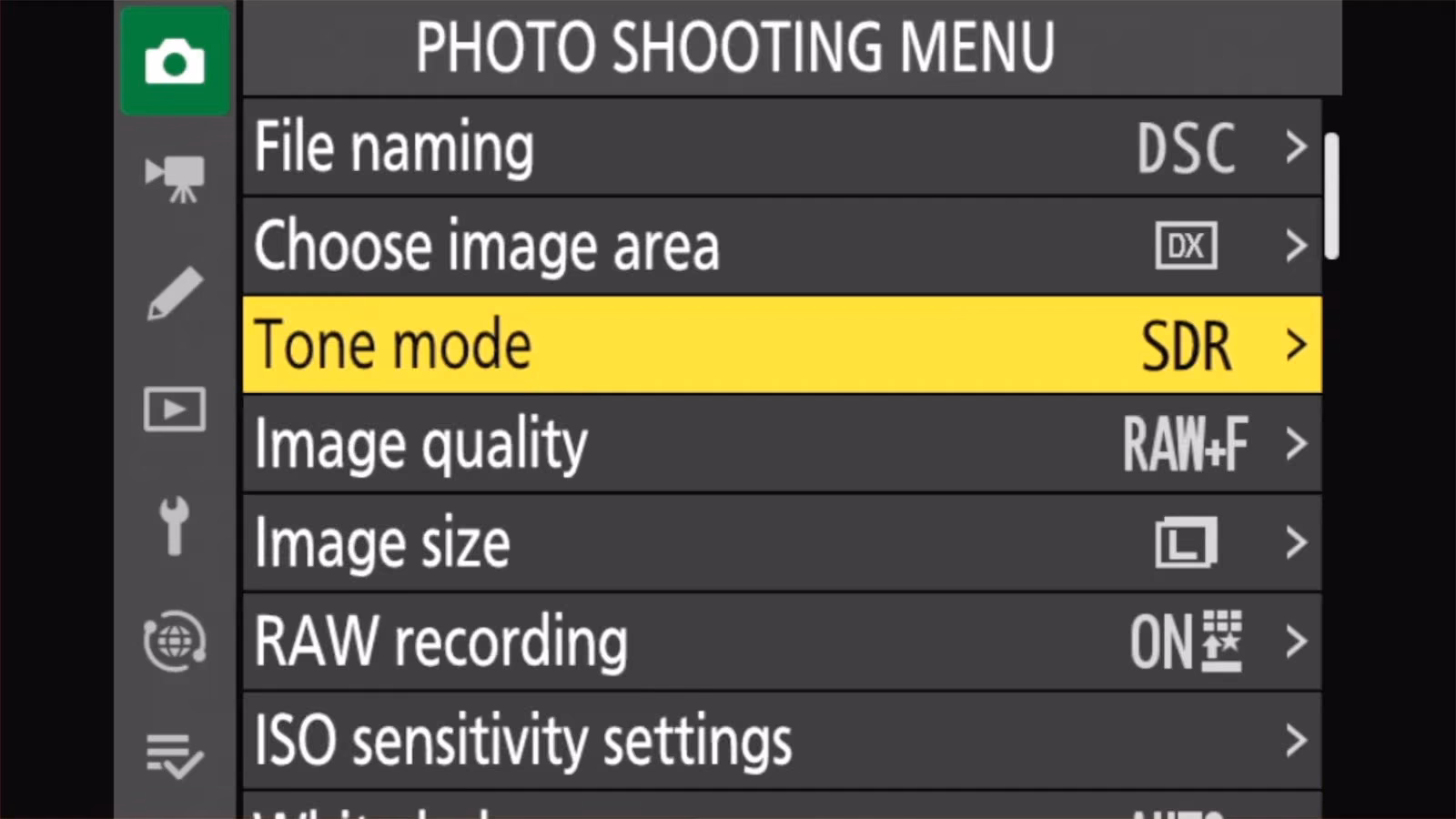 Nikon Z50 II PHOTO SHOOTING MENU with Tone mode set to SDR